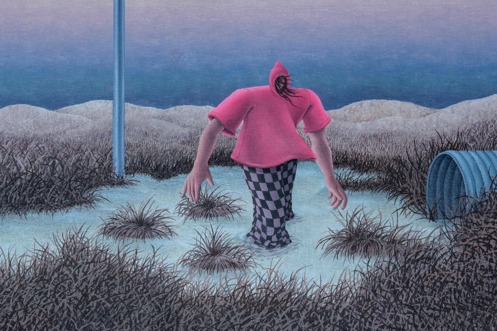 drawing of distorted figure in a swamp with a pink hoodie and check trousers.